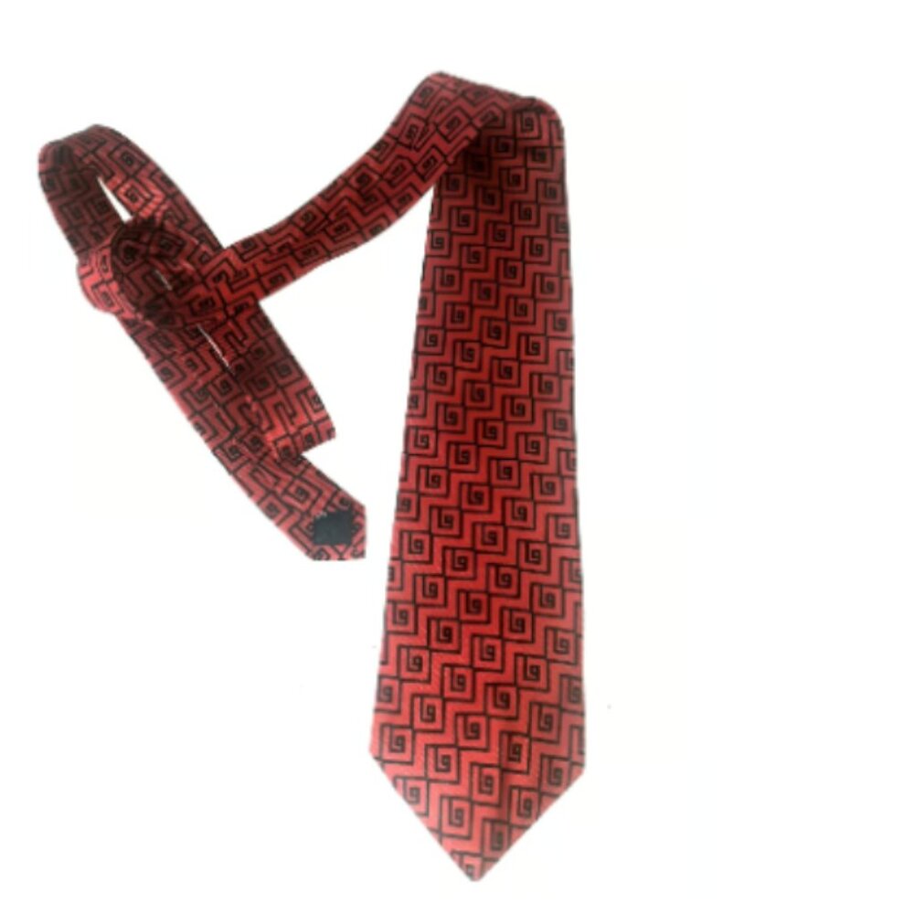 Burberry London Silk Necktie Red with Black Geometric Pattern 56"x4"